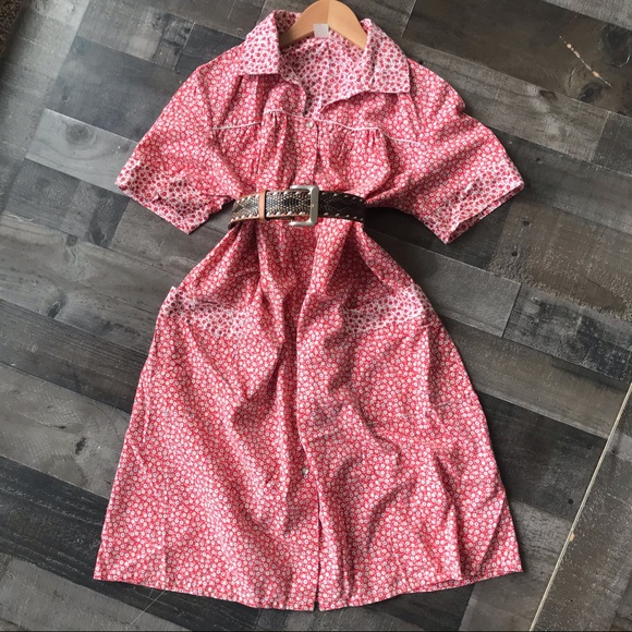Vintage Dresses & Skirts - Vtg Pearl Snap House Dress Red Floral Sz Large